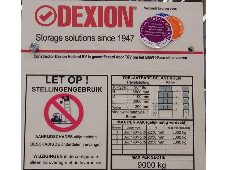 Dexion belastingslabel EN 15635 &mdash; BMWT-Keur gecertificeerd
