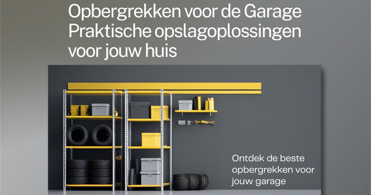 Opbergrekken in een garage met gereedschap, dozen en banden