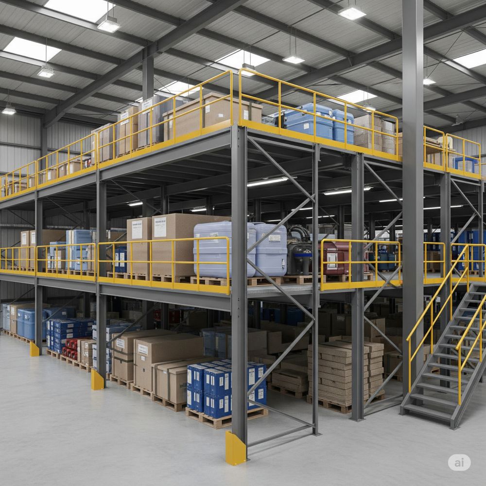 Mezzanine floor warehouse storage system