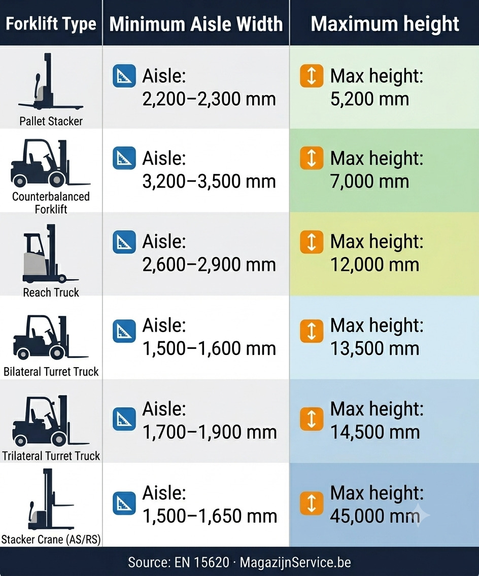 Forklift types for industrial pallet racking — aisle width and maximum height Belgium